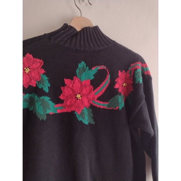 Vintage 90s Holiday Sweater L Pretty Bold Poinsettia Picone Sport Mock Neck - Picture 9 of 10